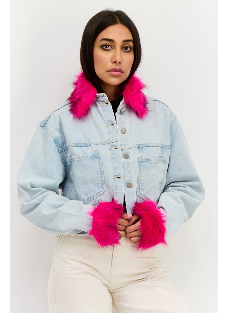 Vintage Supply - Women Faux Fur Trim Denim Jacket, Light Blue - Image 1