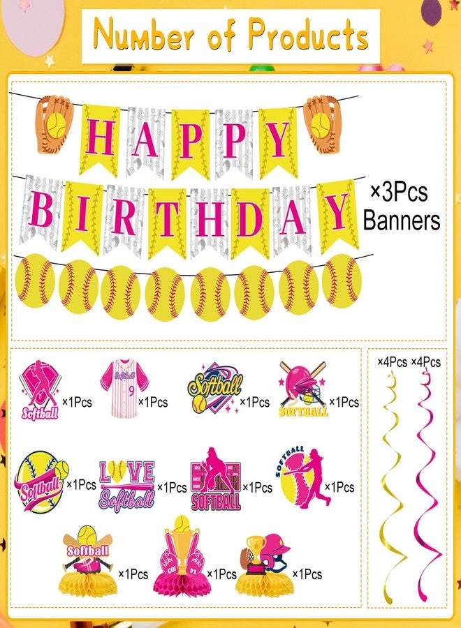 Refavor Softball Birthday Party Decorations - Themed Happy Banner, Hanging Swirls, Honeycomb Centerpieces, Table Decor, Sports Party Supplies - Image 3