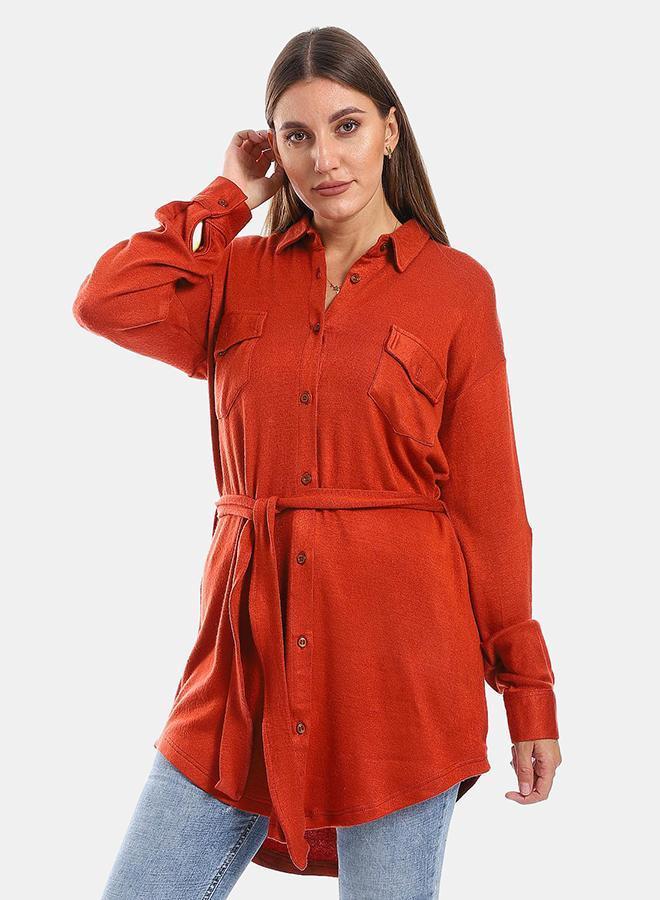 kady Long Sleeves Buttons Down Closure Belted Shirt - Brick Red - Image 1
