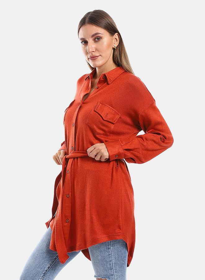 kady Long Sleeves Buttons Down Closure Belted Shirt - Brick Red - Image 2