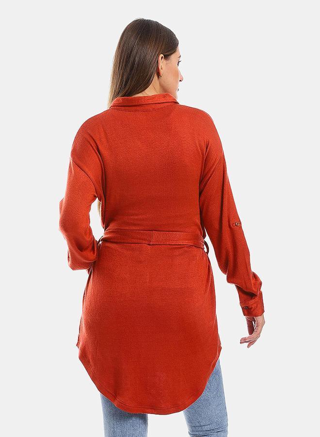 kady Long Sleeves Buttons Down Closure Belted Shirt - Brick Red - Image 3