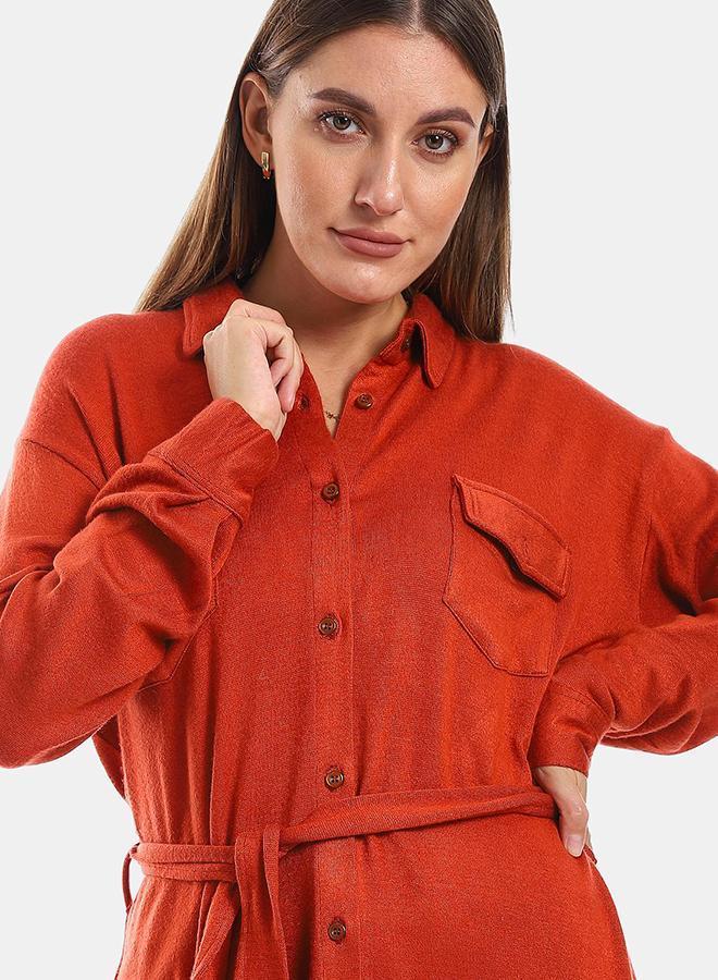kady Long Sleeves Buttons Down Closure Belted Shirt - Brick Red - Image 4