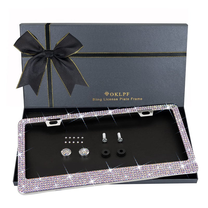 OKLPF Bling License Plate Frame for Women 1PCS Sparkly Stainless Steel License Plate Frames Over 1000 pcs 14 Facets Bedazzled Clear Glass Diamond Rhinestone Crystals wFree Glitter White Diamond BOX
