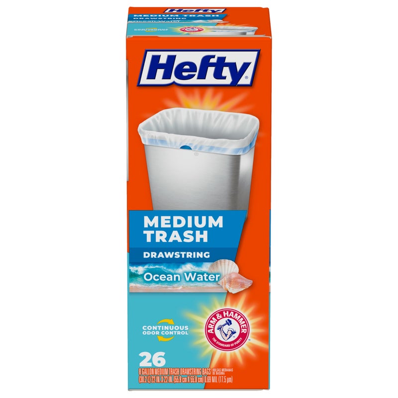 Hefty Medium Trash Bags, Ocean Water Scent, 8 Gallon, 26 Count - Image 1
