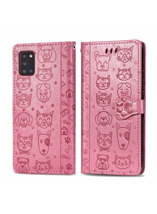 اس-توب جراب لهاتف Galaxy A31 من الجلد المنقوش بشكل قطة وكلب لطيف مع حامل / فتحة بطاقة / محفظة / حبل تعليق - Image 1