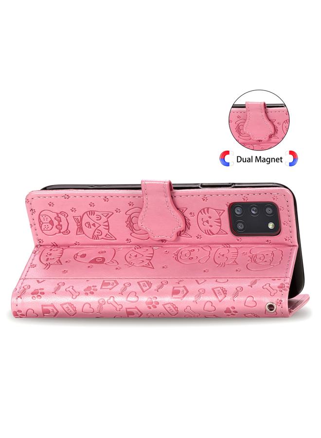 اس-توب جراب لهاتف Galaxy A31 من الجلد المنقوش بشكل قطة وكلب لطيف مع حامل / فتحة بطاقة / محفظة / حبل تعليق - Image 4