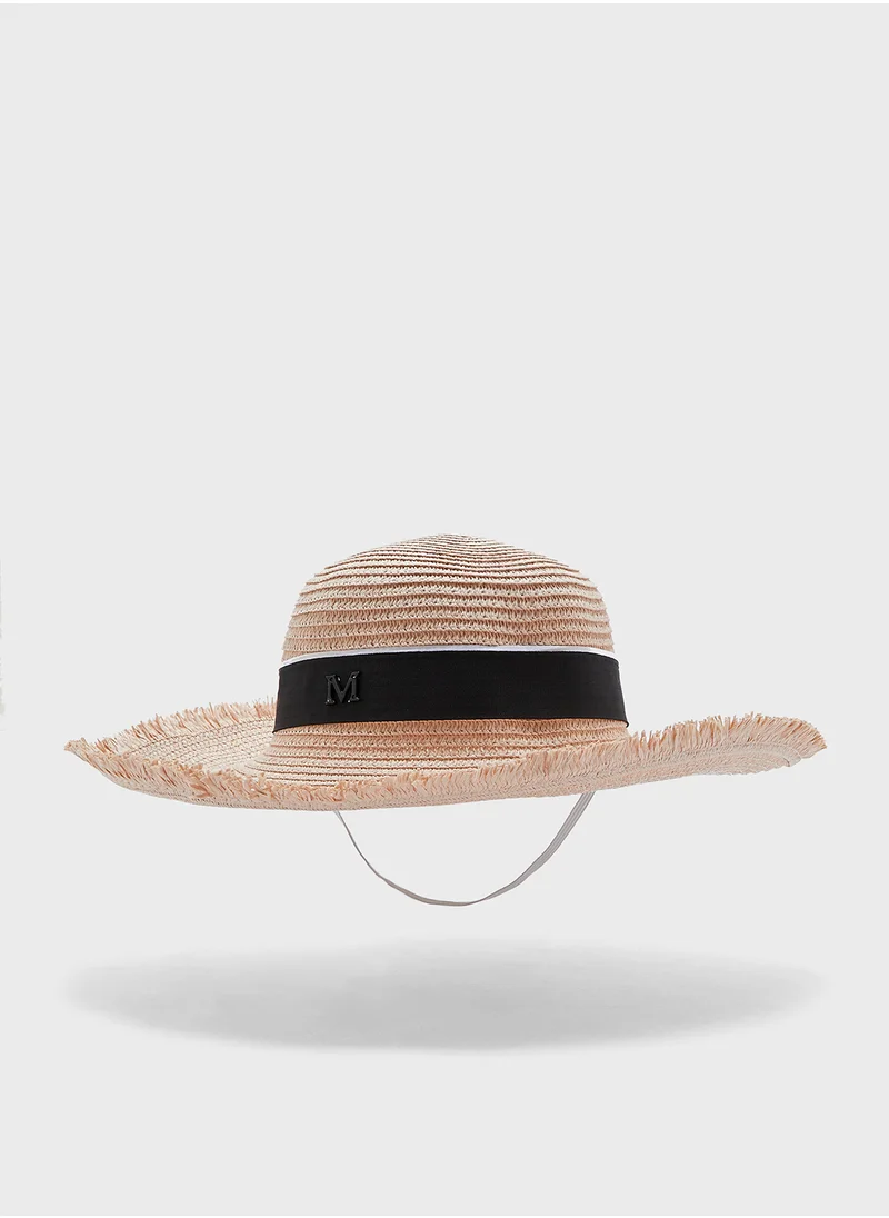 ELLA Stripe Band Raffia Wide Brim Hat