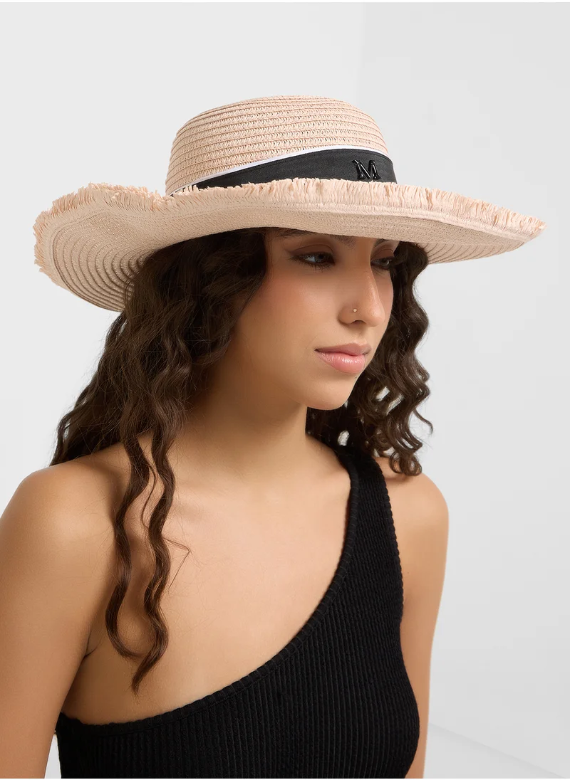 ELLA Stripe Band Raffia Wide Brim Hat