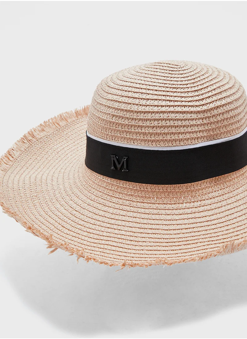 ELLA Stripe Band Raffia Wide Brim Hat