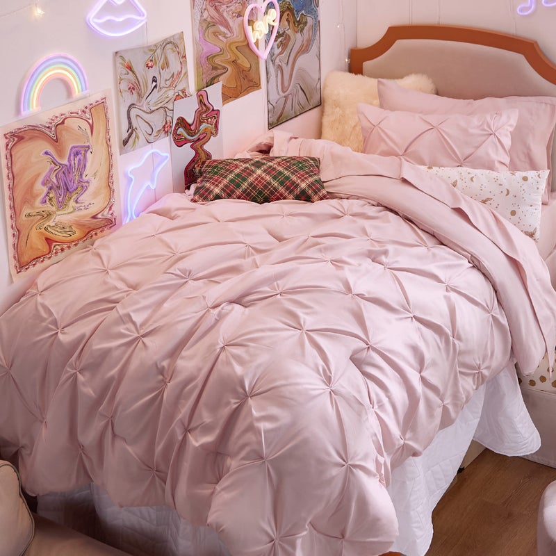 Bedsure Bedsure Twin Comforter Set Pink for Women  Bed in a Bag Twin Size 5 Pieces GentleSoft Pintuck Bed Set Gift for Family Pinch Pleat Pink Comforter with Sheets Pillowcase  Sham 