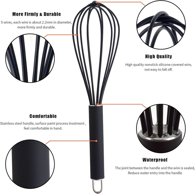 GorGin high temperature and easy to clean silicone whisk, stirrer, 10 inch, grip good grip design for Blending Whisking Beating Stirring Cooking Baking (1 Pack | black) - Image 2