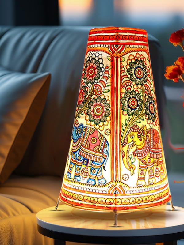 SHILP KATHA Handicraft Leather Table Lamp for Home Decoration | Handmade Side Table Lamp Shade for Bedroom Decor | Decorative festival gift for Living Room, Desk, Spiritual Décor | Multicolor Elephant - Image 1