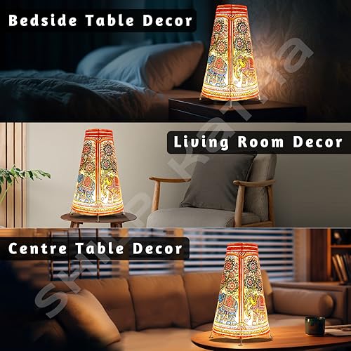 SHILP KATHA Handicraft Leather Table Lamp for Home Decoration | Handmade Side Table Lamp Shade for Bedroom Decor | Decorative festival gift for Living Room, Desk, Spiritual Décor | Multicolor Elephant - Image 2