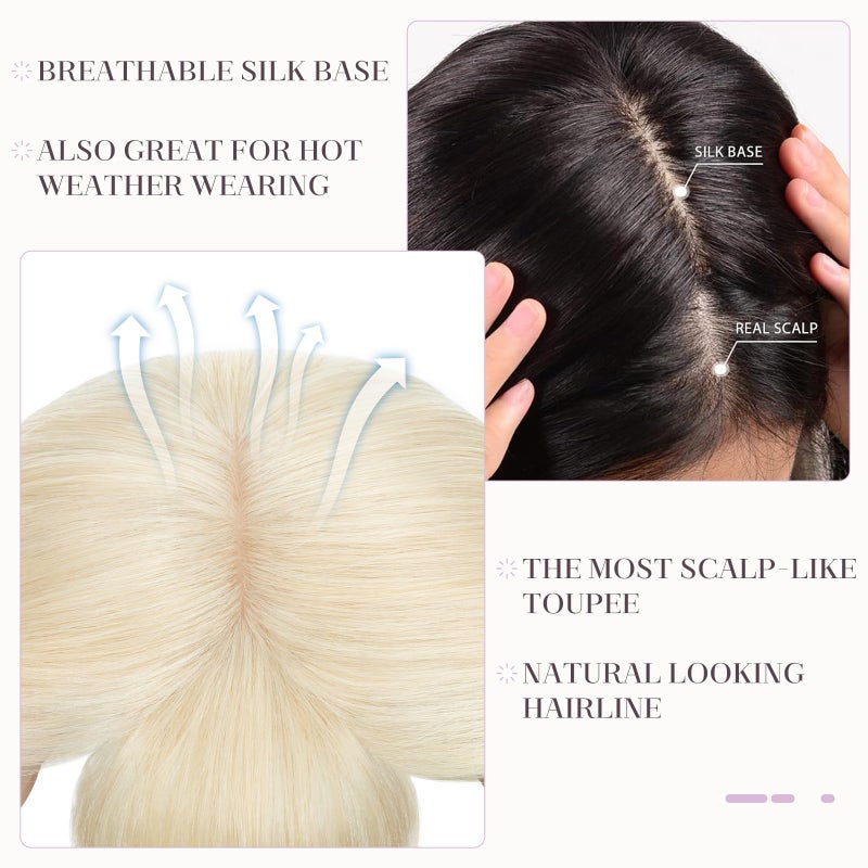 Hairro توبير شعر بشري هيررو مع غرة، تغطية 3D 360° بقاعدة 2.8"x5.1"، مشابك في قطع شعر حقيقية 100% للنساء، لتغطية الشعر الرمادي الرقيق من الأعلى، بلاتينيوم بلوند 10 إنش - Image 4