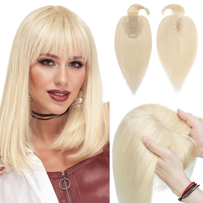 Hairro توبير شعر بشري هيررو مع غرة، تغطية 3D 360° بقاعدة 2.8"x5.1"، مشابك في قطع شعر حقيقية 100% للنساء، لتغطية الشعر الرمادي الرقيق من الأعلى، بلاتينيوم بلوند 10 إنش - Image 1