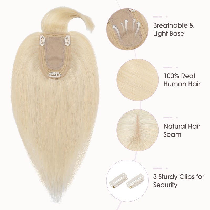 Hairro توبير شعر بشري هيررو مع غرة، تغطية 3D 360° بقاعدة 2.8"x5.1"، مشابك في قطع شعر حقيقية 100% للنساء، لتغطية الشعر الرمادي الرقيق من الأعلى، بلاتينيوم بلوند 10 إنش - Image 5