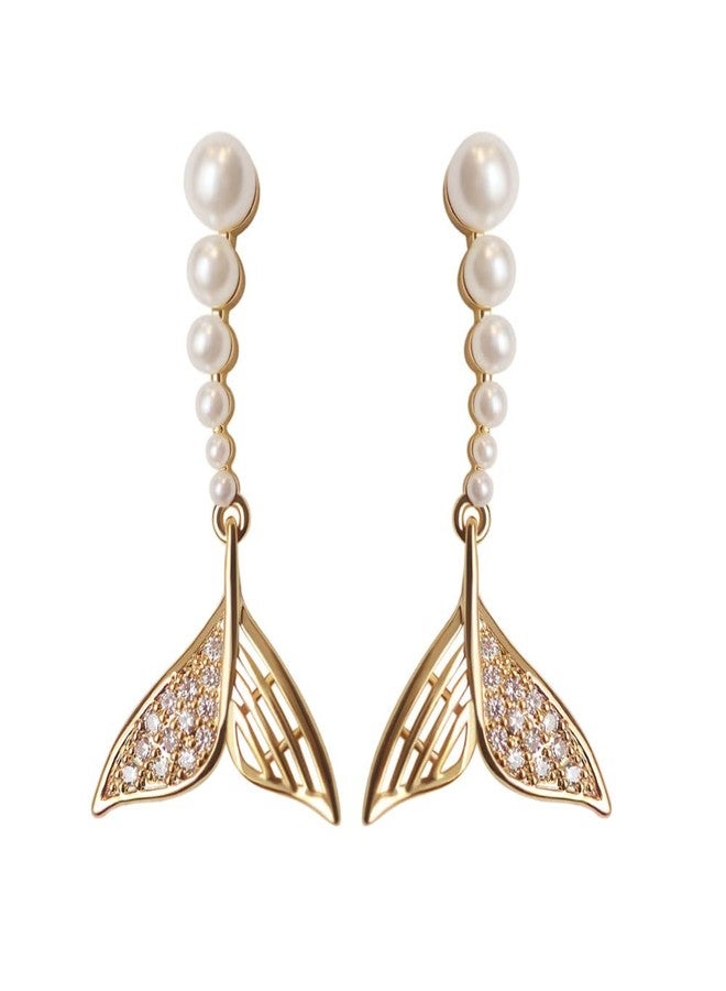 Dtja Pearl Mermaid Tail Dangle Stud Earrings for Women Girls 925 Sterling Silver Cubic Zirconia Shell Pearls Drop Ocean Fishtail Charms Dangling Dainty Cute Christmas Birthday Valentines Jewelry Gifts (14k Gold Plated) - Image 1