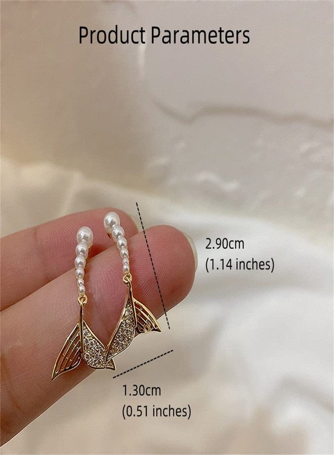 Dtja Pearl Mermaid Tail Dangle Stud Earrings for Women Girls 925 Sterling Silver Cubic Zirconia Shell Pearls Drop Ocean Fishtail Charms Dangling Dainty Cute Christmas Birthday Valentines Jewelry Gifts (14k Gold Plated) - Image 5