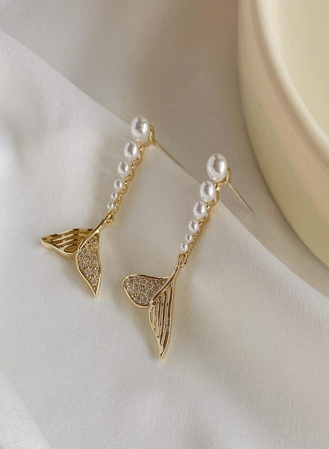 Dtja Pearl Mermaid Tail Dangle Stud Earrings for Women Girls 925 Sterling Silver Cubic Zirconia Shell Pearls Drop Ocean Fishtail Charms Dangling Dainty Cute Christmas Birthday Valentines Jewelry Gifts (14k Gold Plated) - Image 4