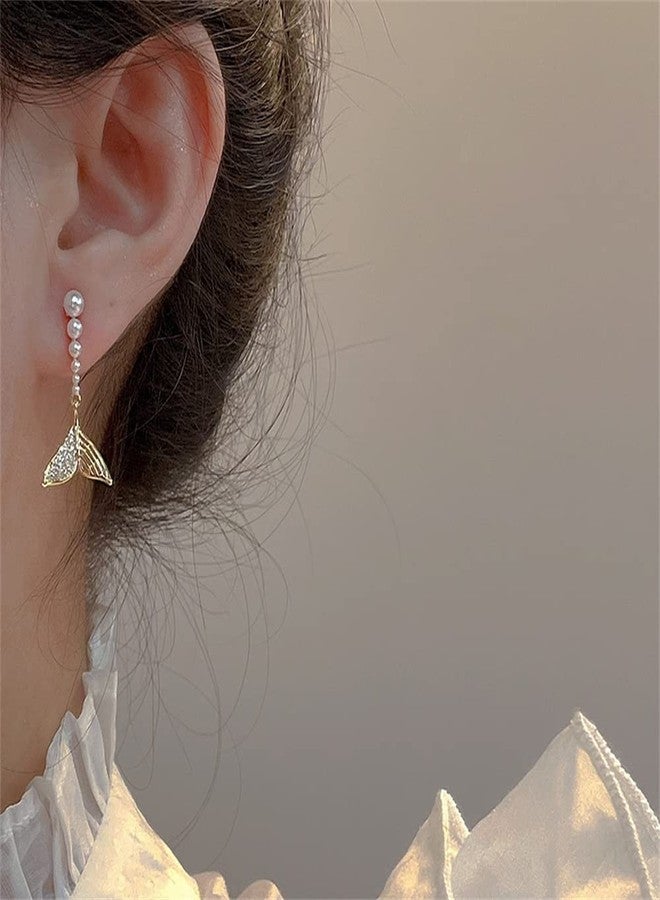 Dtja Pearl Mermaid Tail Dangle Stud Earrings for Women Girls 925 Sterling Silver Cubic Zirconia Shell Pearls Drop Ocean Fishtail Charms Dangling Dainty Cute Christmas Birthday Valentines Jewelry Gifts (14k Gold Plated) - Image 2