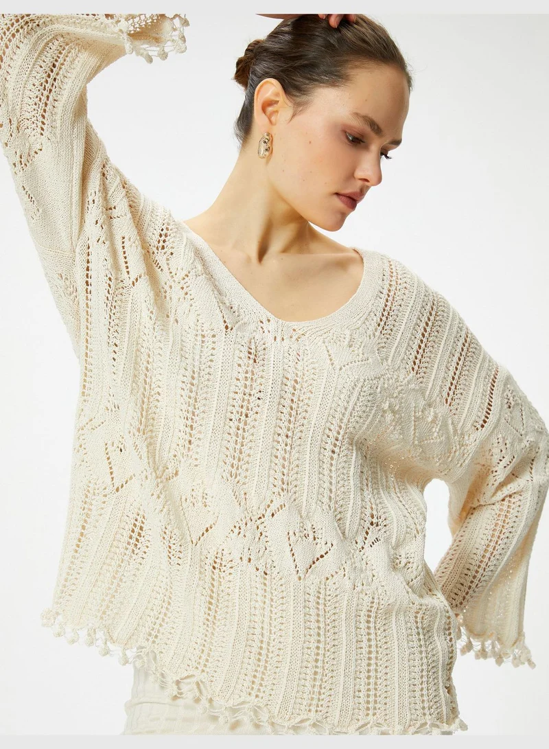 KOTON Long Sleeve V Neck Ajoure Sweater