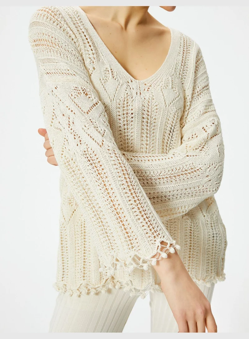 KOTON Long Sleeve V Neck Ajoure Sweater