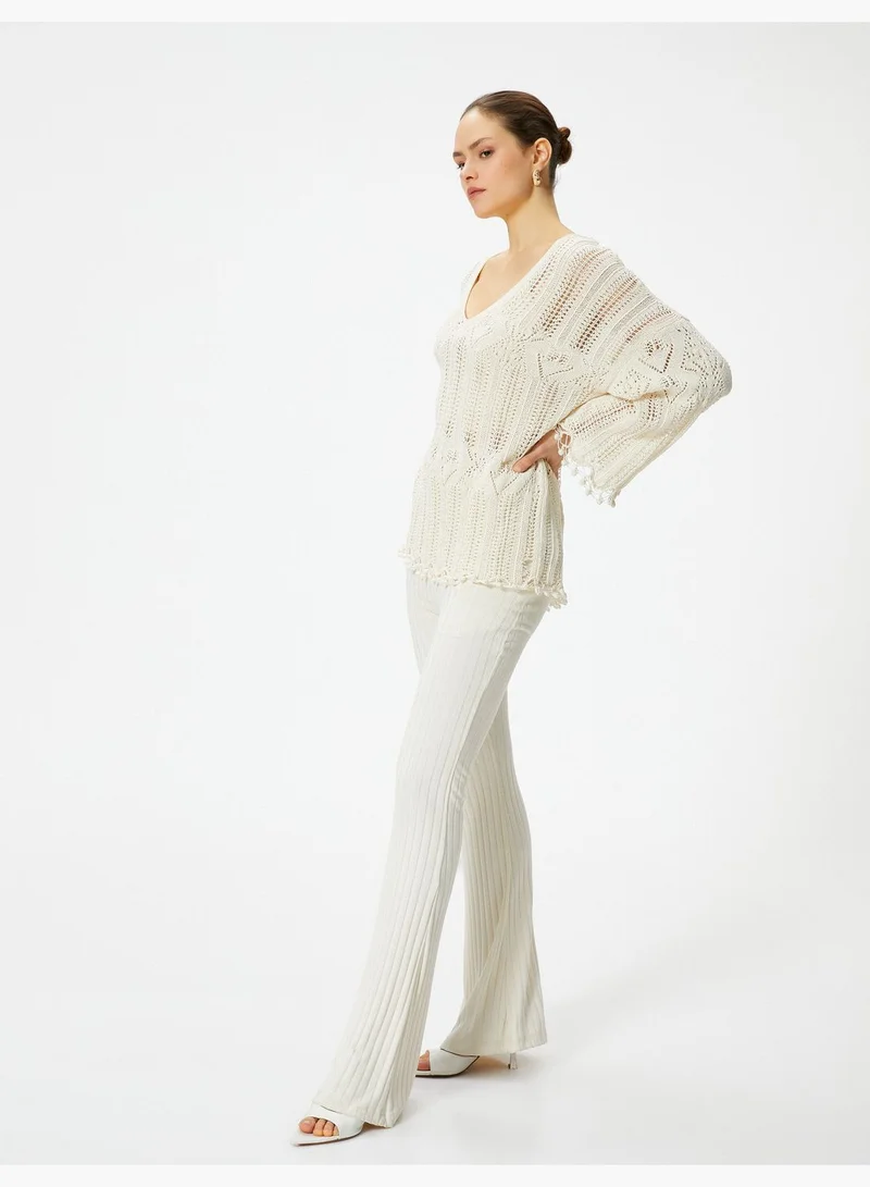 KOTON Long Sleeve V Neck Ajoure Sweater
