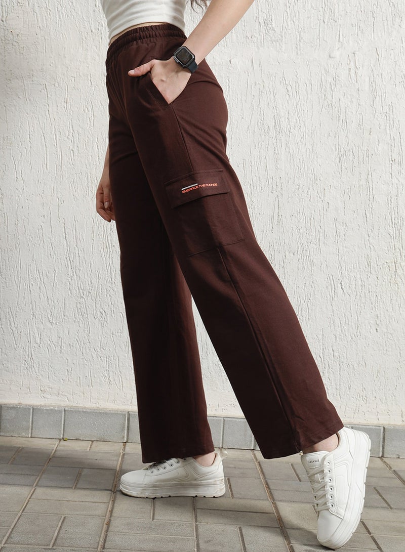 Hubberholme Women's Brown Cotton Blend Printed Full Length Cargo Regular Fit Trouser - Image 1