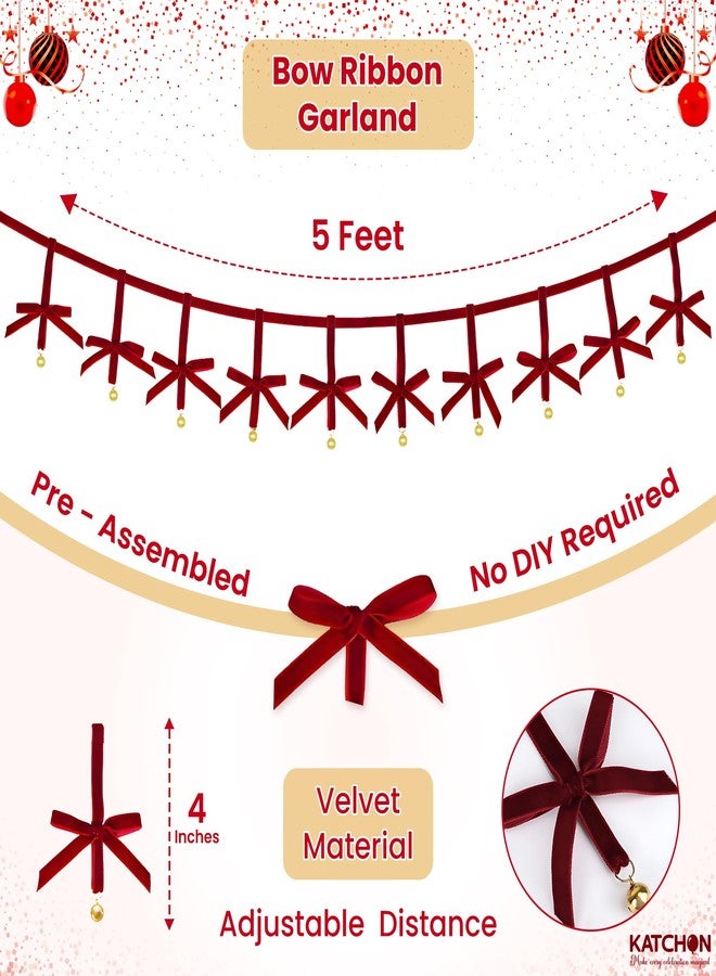 KatchOn, Christmas Garland Velvet Bows -5ft Pre-Strung | Christmas Decorations Indoor, Outdoor | Xmas Tree Banner with 10 Bows | Vintage Decorations for Tree Mantle Stair Party Wall Office, Red - Image 2