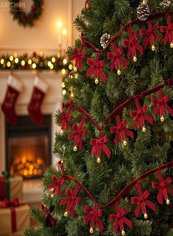 KatchOn, Christmas Garland Velvet Bows -5ft Pre-Strung | Christmas Decorations Indoor, Outdoor | Xmas Tree Banner with 10 Bows | Vintage Decorations for Tree Mantle Stair Party Wall Office, Red - Image 5
