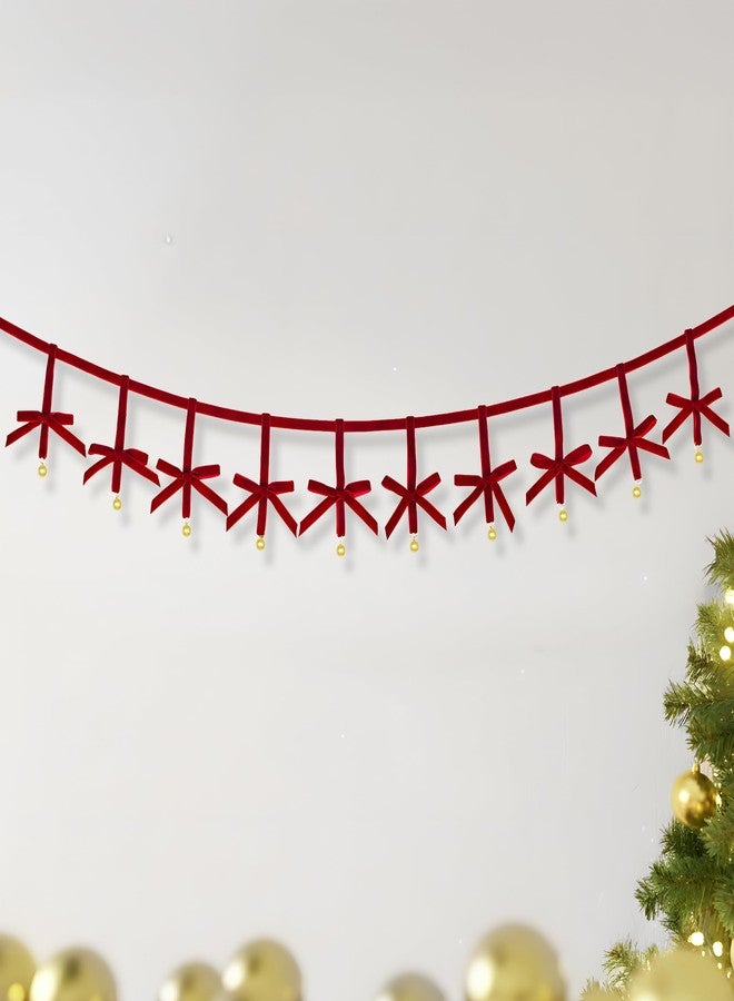 KatchOn, Christmas Garland Velvet Bows -5ft Pre-Strung | Christmas Decorations Indoor, Outdoor | Xmas Tree Banner with 10 Bows | Vintage Decorations for Tree Mantle Stair Party Wall Office, Red - Image 1