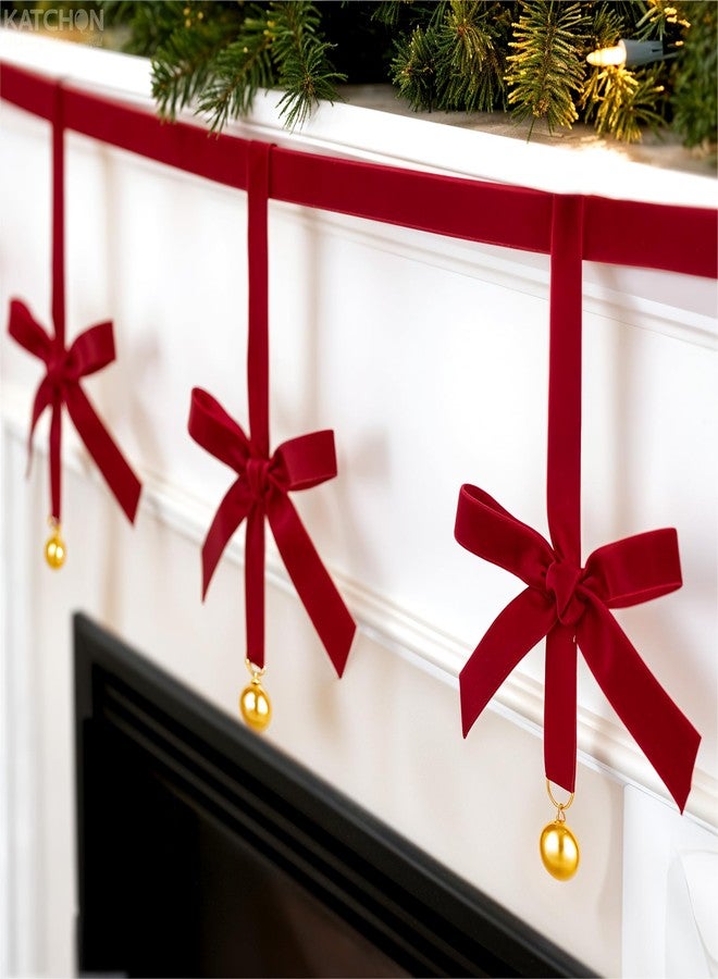 KatchOn, Christmas Garland Velvet Bows -5ft Pre-Strung | Christmas Decorations Indoor, Outdoor | Xmas Tree Banner with 10 Bows | Vintage Decorations for Tree Mantle Stair Party Wall Office, Red - Image 3