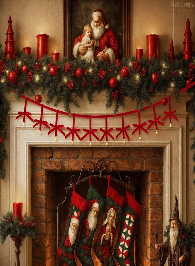 KatchOn, Christmas Garland Velvet Bows -5ft Pre-Strung | Christmas Decorations Indoor, Outdoor | Xmas Tree Banner with 10 Bows | Vintage Decorations for Tree Mantle Stair Party Wall Office, Red - Image 4