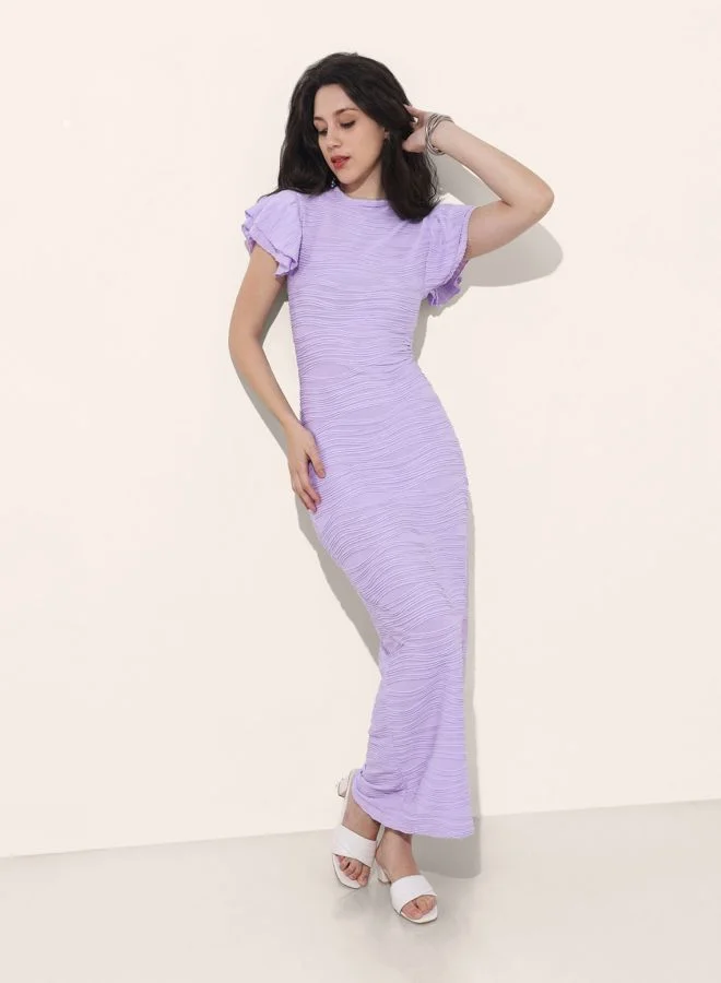 Women Straight Fit Textured Round Neck Short Sleeve Ruffle Dress