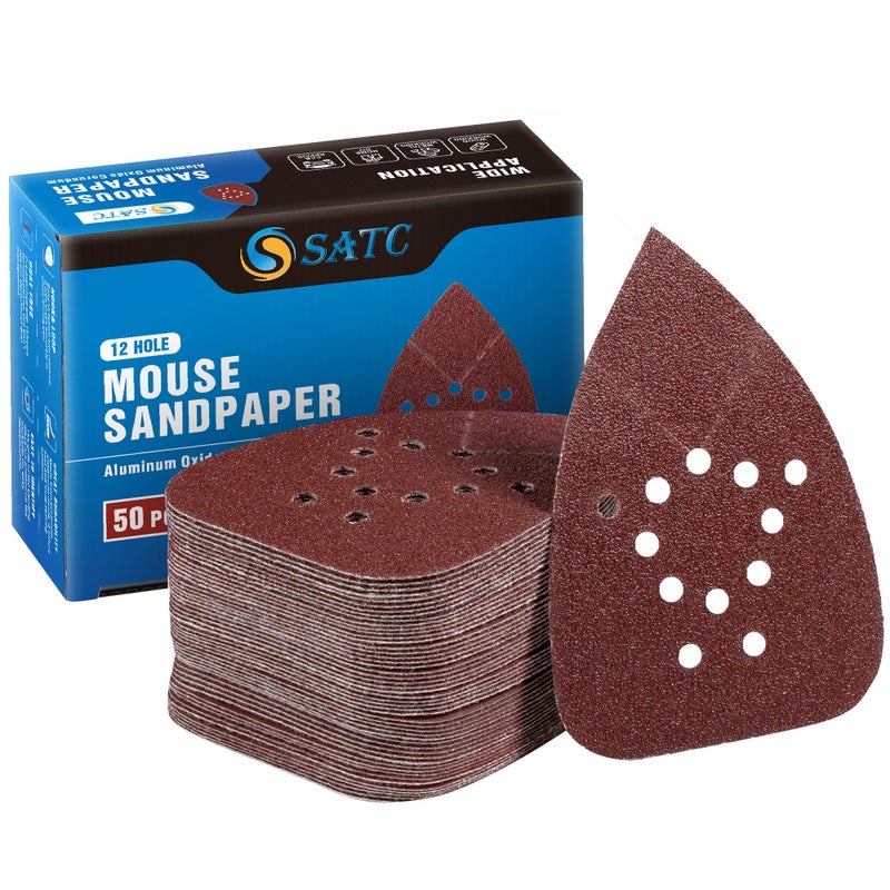 S SATC Mouse Detail Sander Sandpaper 50 PCS Mouse Sanding Pads 12 Hole Mouse Sandpaper Assorted 60/80/120/150/220 Grits - Image 1