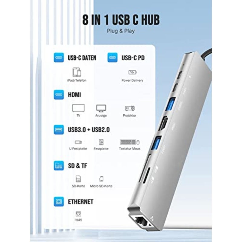 USB C HUB 3.0 لأجهزة الكمبيوتر المحمولة MacBook Pro وWindows: الألومنيوم، الفضي، 8 في 1 مع منفذ USB 3.0 + 1 USB 2.0، مدمج وقابل للتوصيل والتشغيل - Image 2