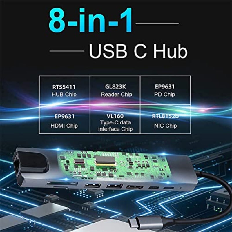 USB C HUB 3.0 لأجهزة الكمبيوتر المحمولة MacBook Pro وWindows: الألومنيوم، الفضي، 8 في 1 مع منفذ USB 3.0 + 1 USB 2.0، مدمج وقابل للتوصيل والتشغيل - Image 4
