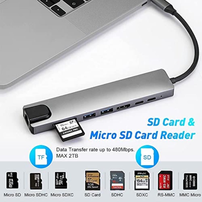 USB C HUB 3.0 لأجهزة الكمبيوتر المحمولة MacBook Pro وWindows: الألومنيوم، الفضي، 8 في 1 مع منفذ USB 3.0 + 1 USB 2.0، مدمج وقابل للتوصيل والتشغيل - Image 3