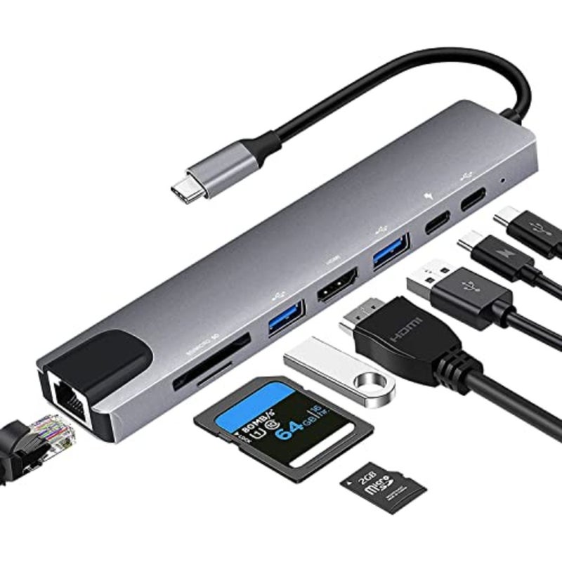 USB C HUB 3.0 لأجهزة الكمبيوتر المحمولة MacBook Pro وWindows: الألومنيوم، الفضي، 8 في 1 مع منفذ USB 3.0 + 1 USB 2.0، مدمج وقابل للتوصيل والتشغيل - Image 1