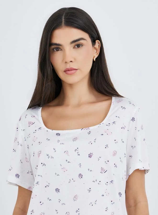 Take Two Take Two Disty Print Square Neck T-Shirt and Striped Pyjama Set