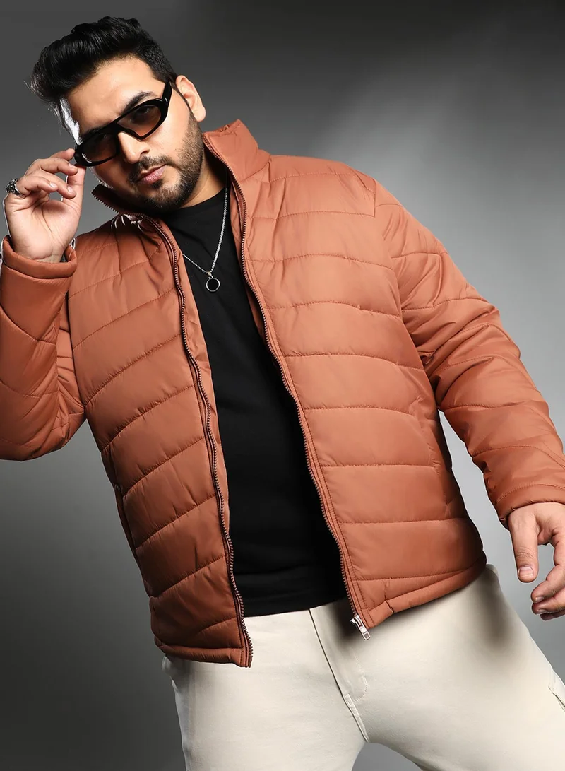 Instafab Plus Instafab Plus Men's Sienna Brown Chevron Quilted Jacket For Casual Wear | High Neck | Long Regular Sleeves | Zipper Closure | Plus Size Shirt Crafted With Comfort Fit For Everyday Wear