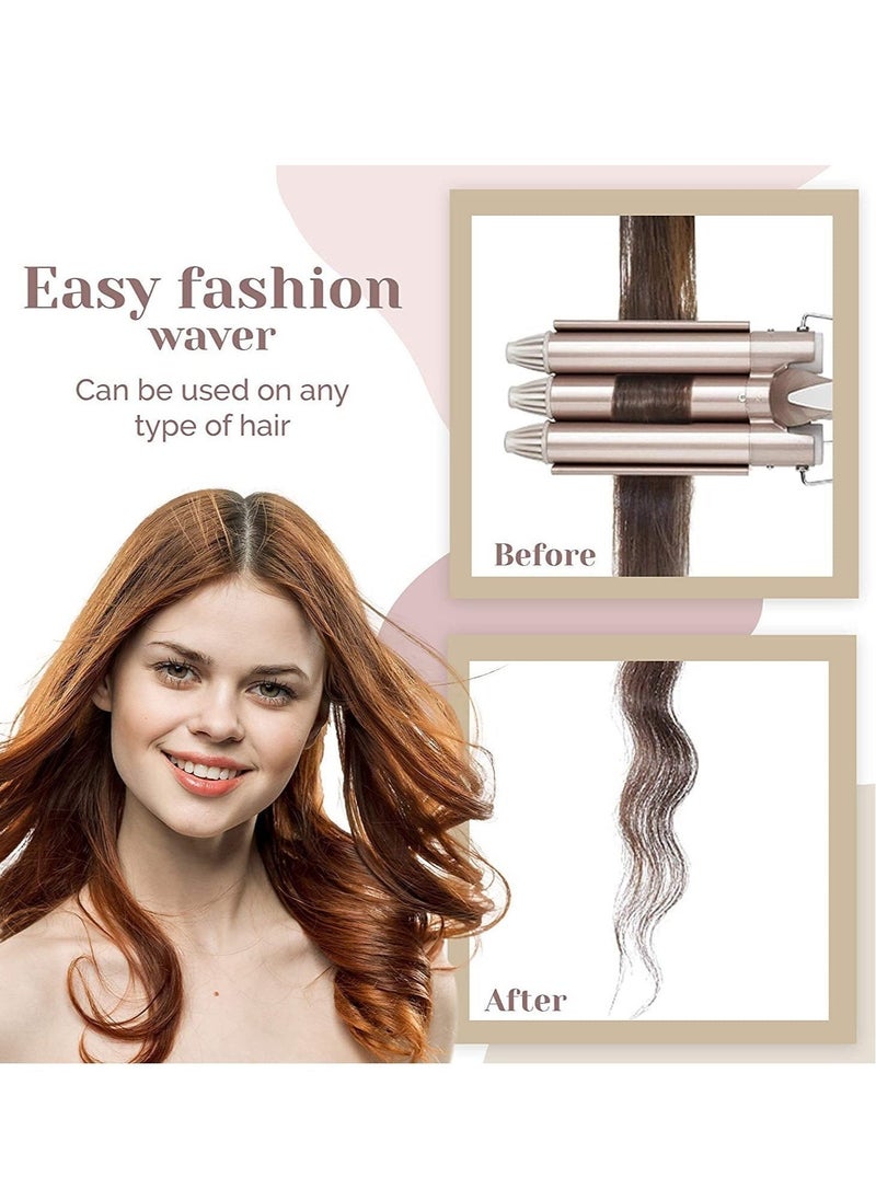3 Barrel Curling Iron,1 inch Triple Three Barrel Hair Waver Mermaid Beach Waves Curling Wand Ceramic Tourmaline Temperature Adjustable Curler Irons,Hair Crimper Fast Heating Curling Wand (Gold)