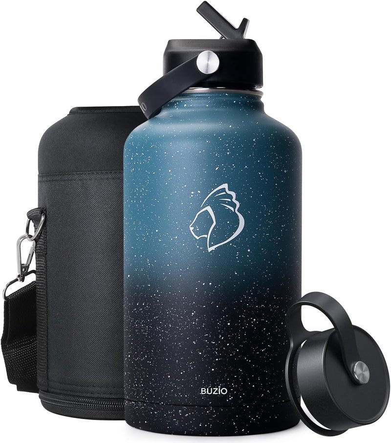 BUZIO 64oz Insulated Water Bottle with Straw Lid, Half Gallon Double Wall Food-Grade Stainless Steel Water Bottle with Carrying Pouch, Wide Mouth BPA-Free Sweat-Proof Sports Water Flask, Keep Hot Cold - Image 1
