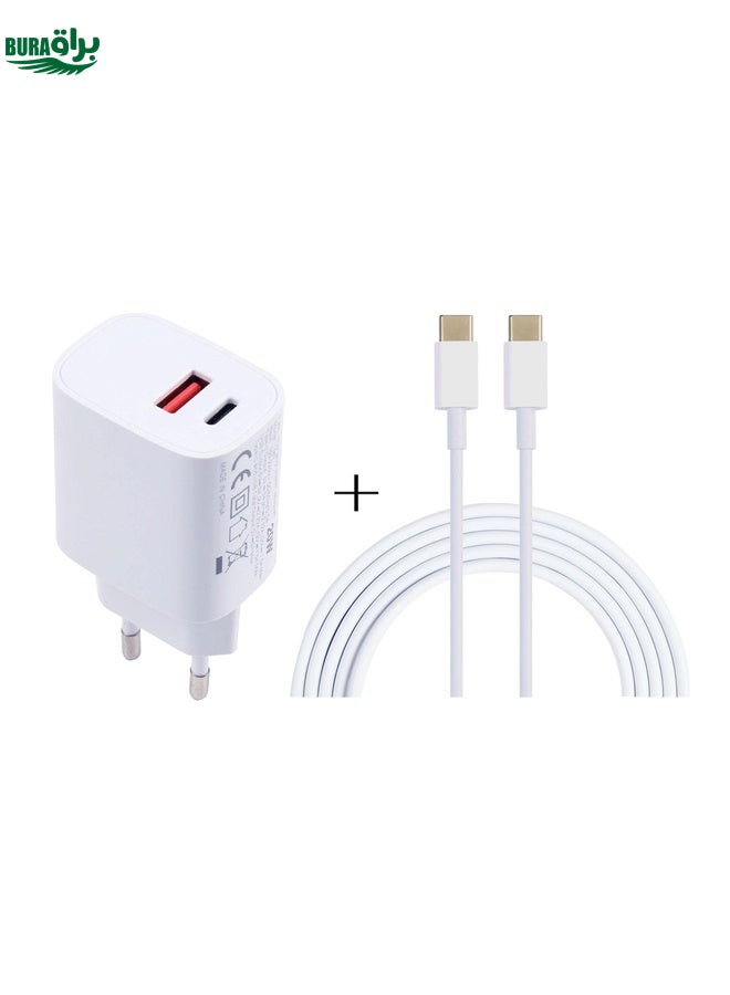 BURAQ T087 20W USB-C / Type-C + USB Ports Charger with 100W Type-C to Type-C Fast Charging Cable 1m, EU Plug - Image 1