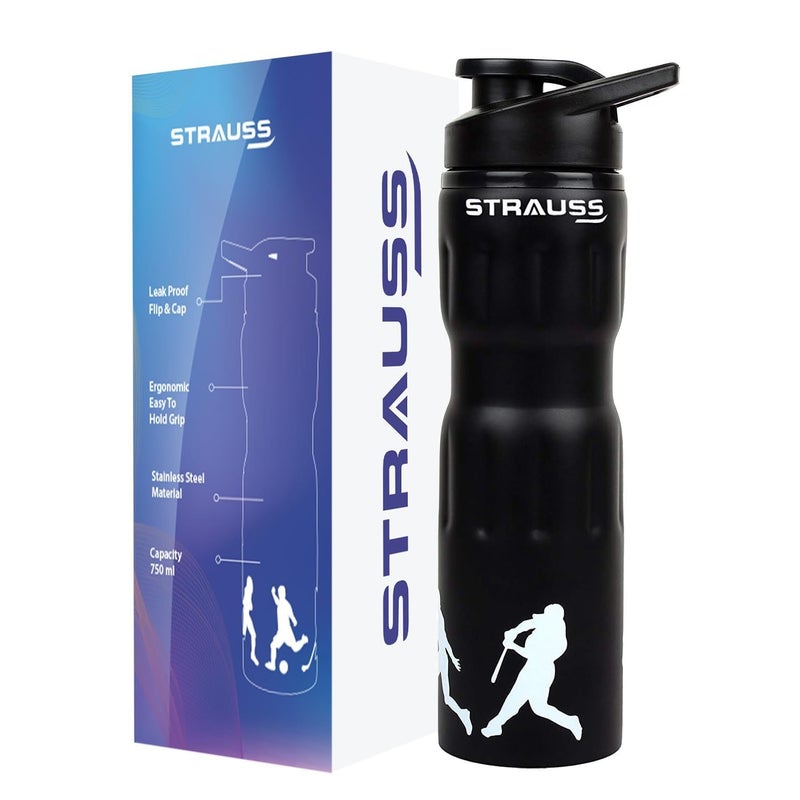 STRAUSS Stainless-Steel Water Bottle | Water Bottles for School, Office, Home & Gym | Leak Proof and BPA Free Gym Bottle | Easy to Carry | Water Bottle for Men & Women | 750 ML, (Black) - Image 1