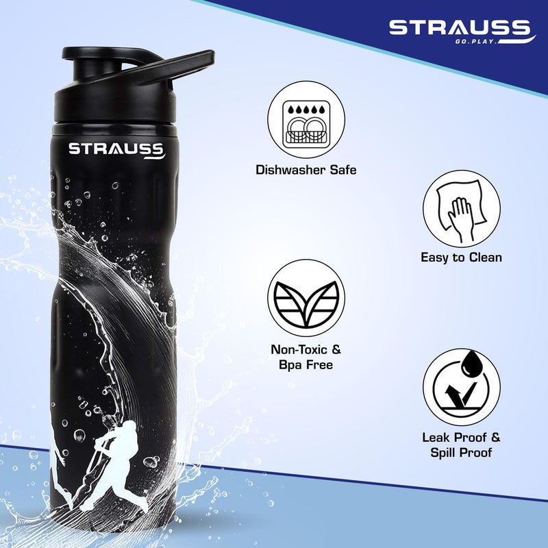 STRAUSS Stainless-Steel Water Bottle | Water Bottles for School, Office, Home & Gym | Leak Proof and BPA Free Gym Bottle | Easy to Carry | Water Bottle for Men & Women | 750 ML, (Black) - Image 3