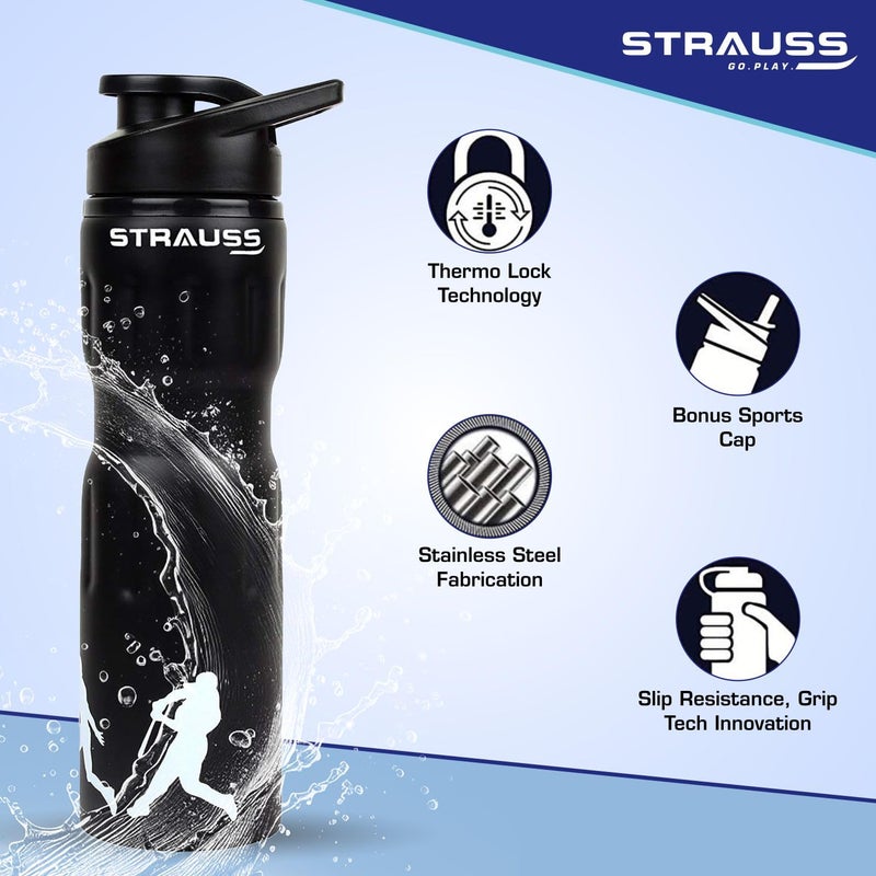 STRAUSS Stainless-Steel Water Bottle | Water Bottles for School, Office, Home & Gym | Leak Proof and BPA Free Gym Bottle | Easy to Carry | Water Bottle for Men & Women | 750 ML, (Black) - Image 2