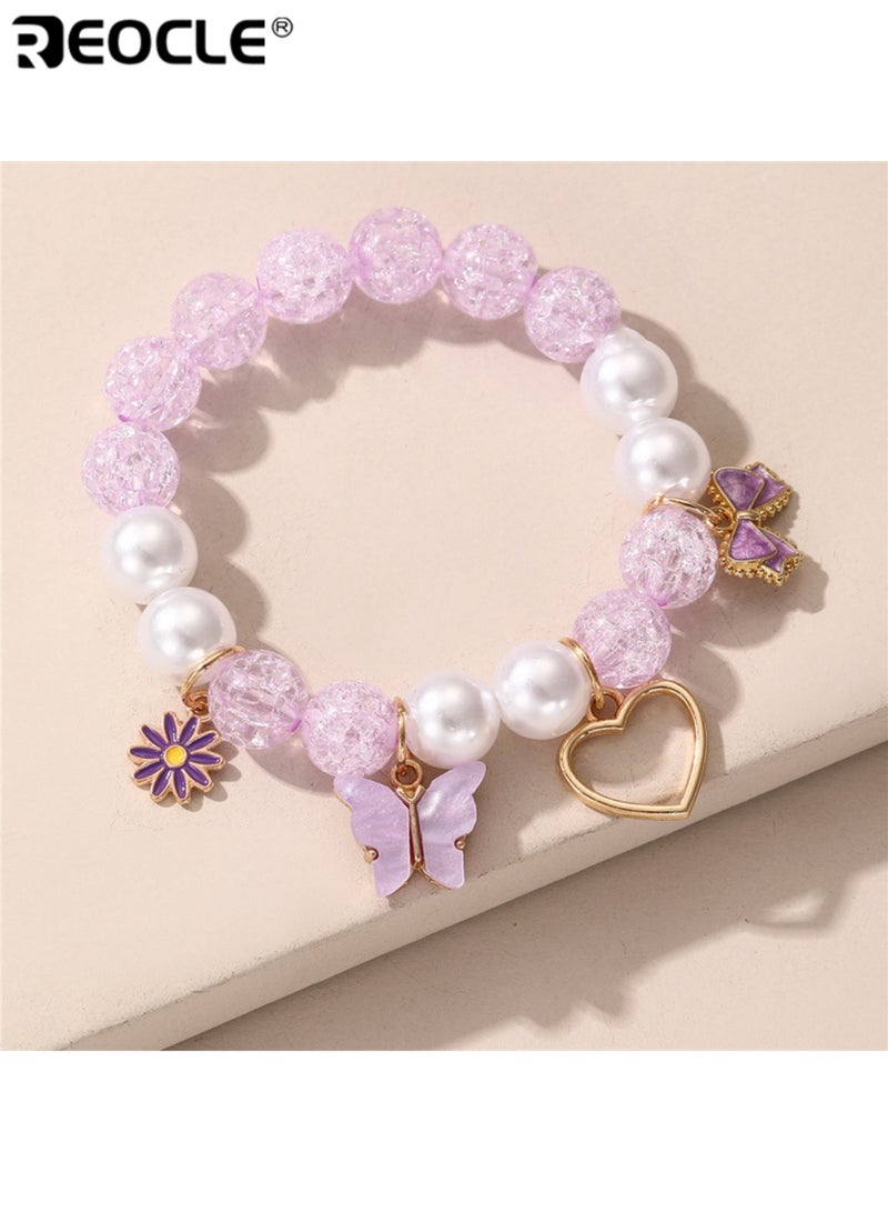 ريوكل سوار للأطفال مزين بخرز مزخرف على شكل فراشة وزهرة وقلب بتصميم مرح ومتنوع مناسب للارتداء اليومي - Image 1