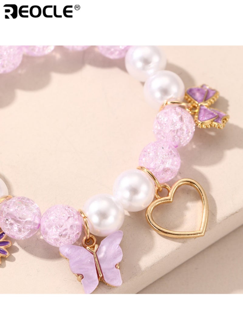 ريوكل سوار للأطفال مزين بخرز مزخرف على شكل فراشة وزهرة وقلب بتصميم مرح ومتنوع مناسب للارتداء اليومي - Image 4