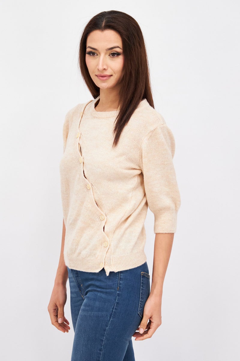 Etam Women Round Neck Elbow Sleeves Knitted Sweater, Beige - Image 3